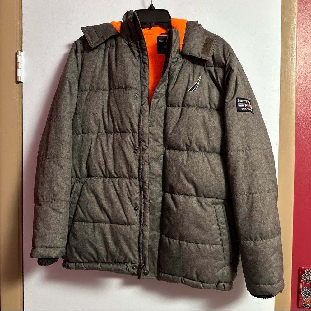 Nautica Gray Puffer Jacket with Orange Lining